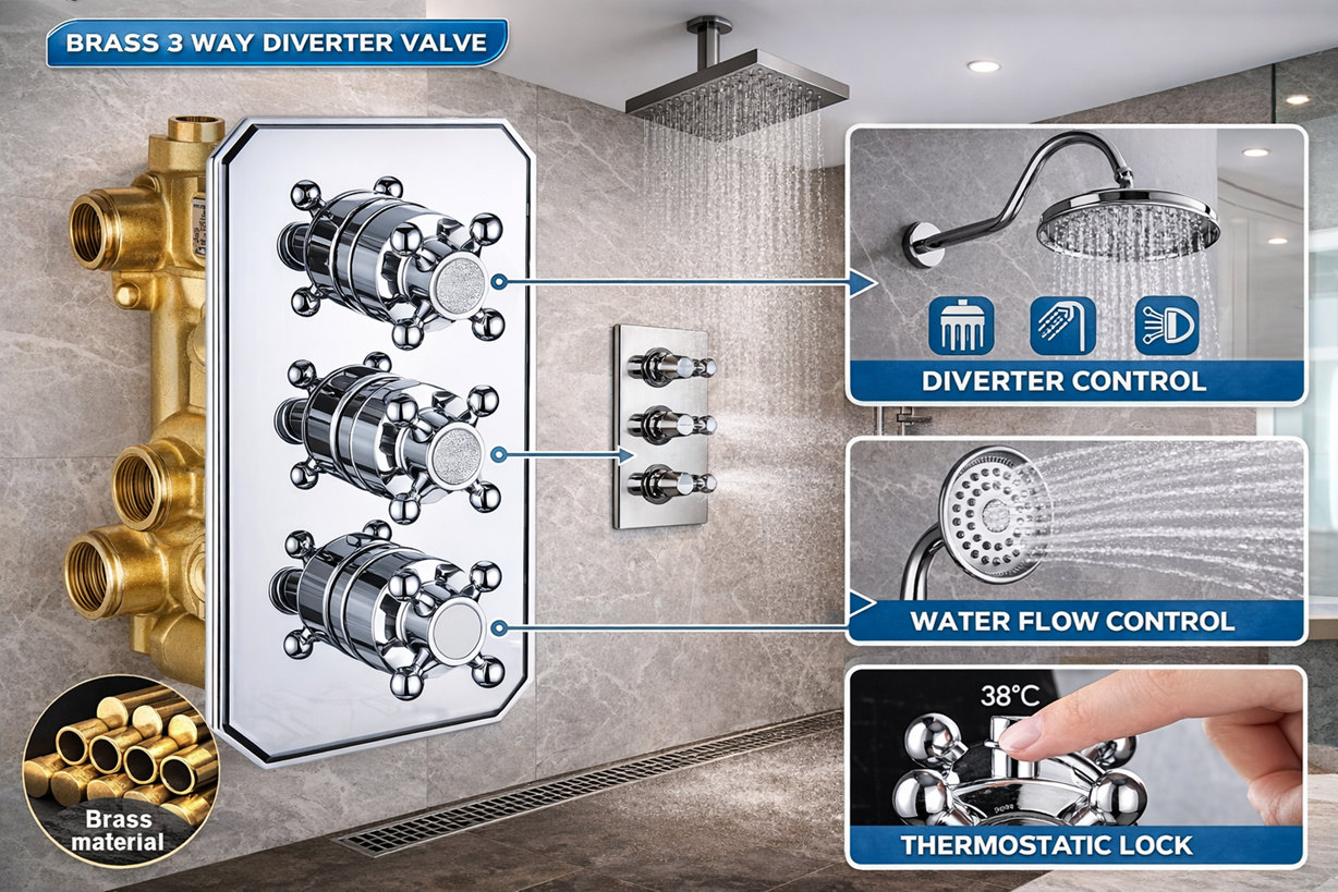Commercial shower valve cutaway showing brass construction and cartridge